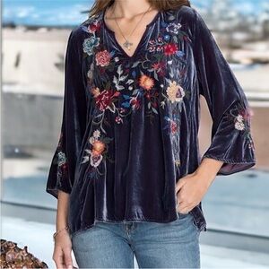 Johnny Was Navy Velvet Floral Embroidered V-Neck Tunic